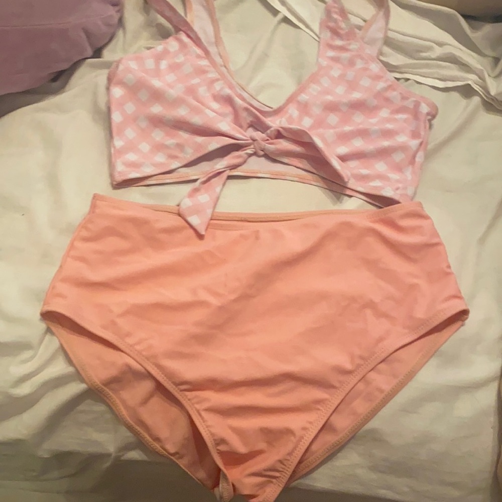 Pink bikini with high waisted bottoms